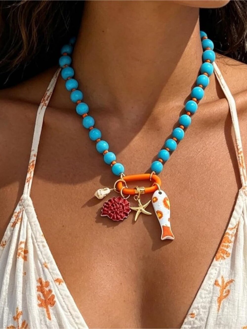 Coastal Blue Beaded Charm Fish Necklace